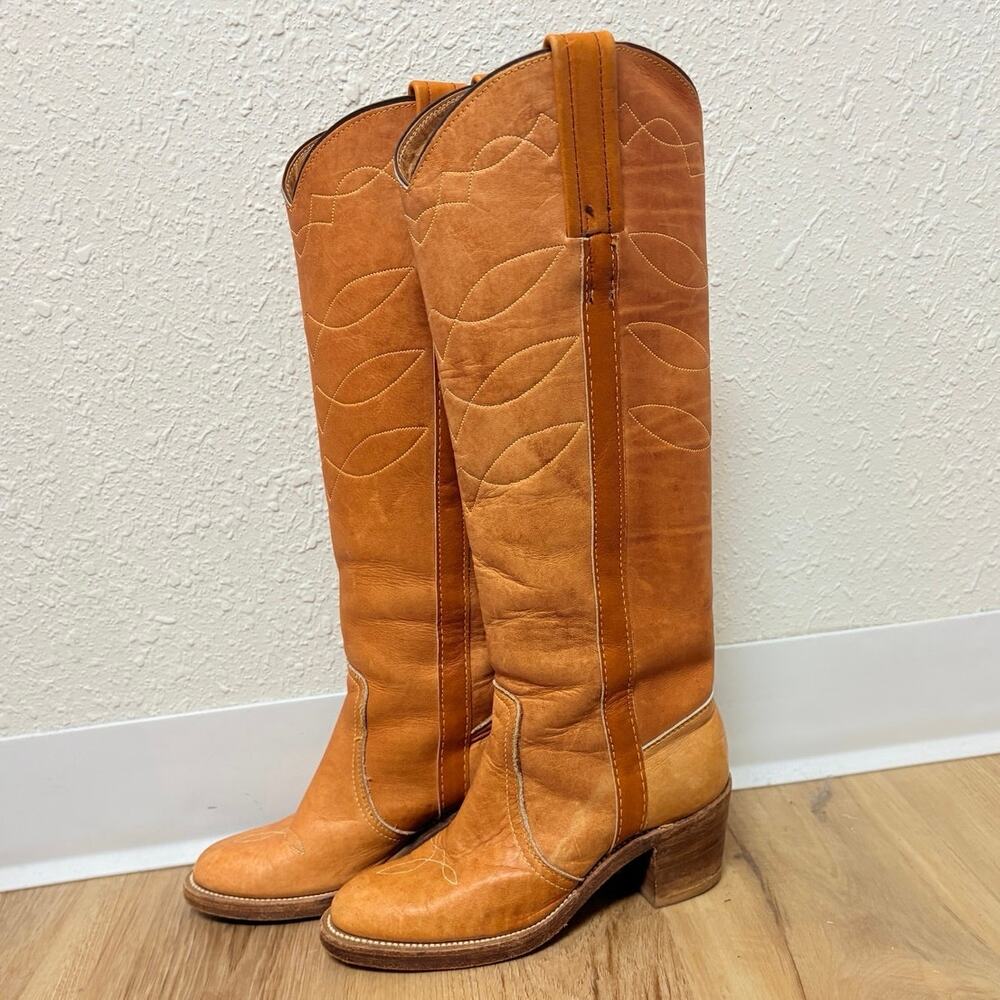 Frye Vintage Black Label Sunrise Stitched Campus Boots Knee-High Sz 5.5 tan